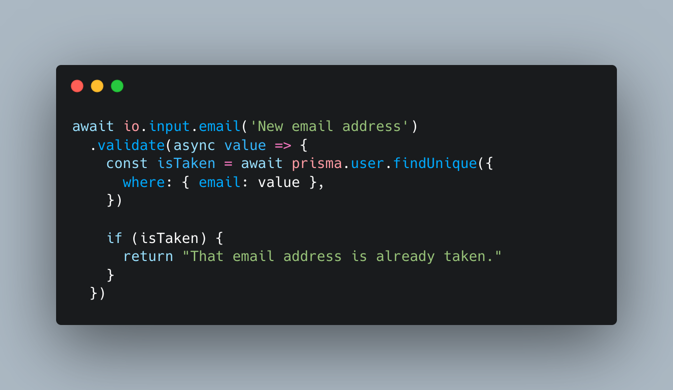 A code sample that checks email address availability